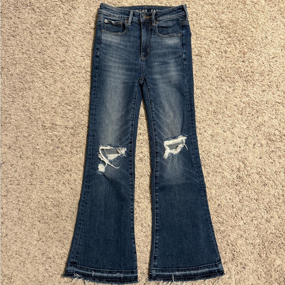 American Eagle Outfitters Distressed Highest Rise Flare Blue Jeans